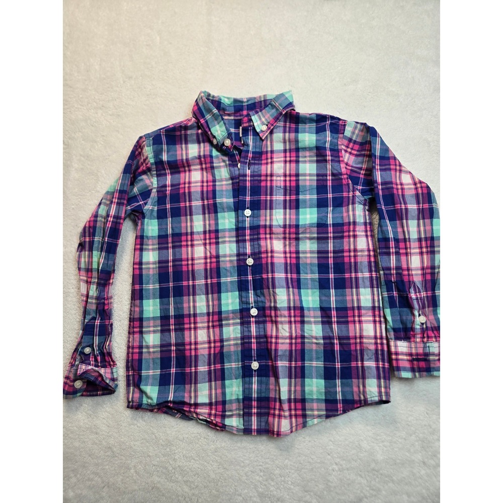 Janie and Jack Boys Pink Purple Mint Green Plaid Button Down Shirt Size 5 Anchor